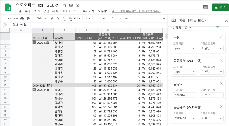 스프레드시트의 꽃: 피벗 테이블 만들기 2부 (정렬)